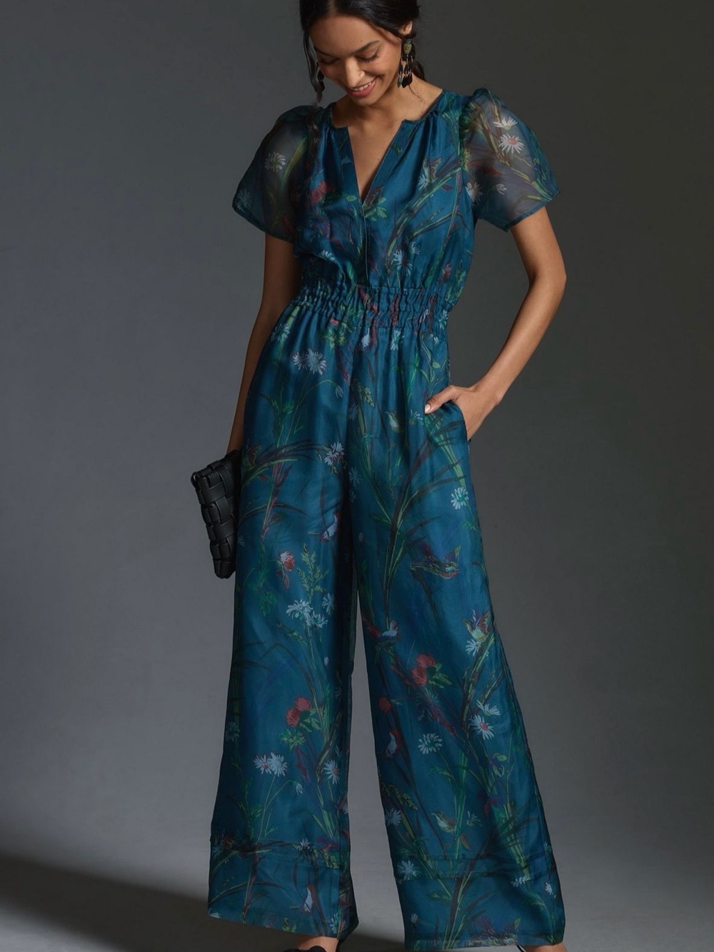 Anthropologie Teal Floral Wide-Leg Jumpsuit